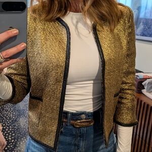 Aryn K Metallic Gold Jacket with Leather Trim